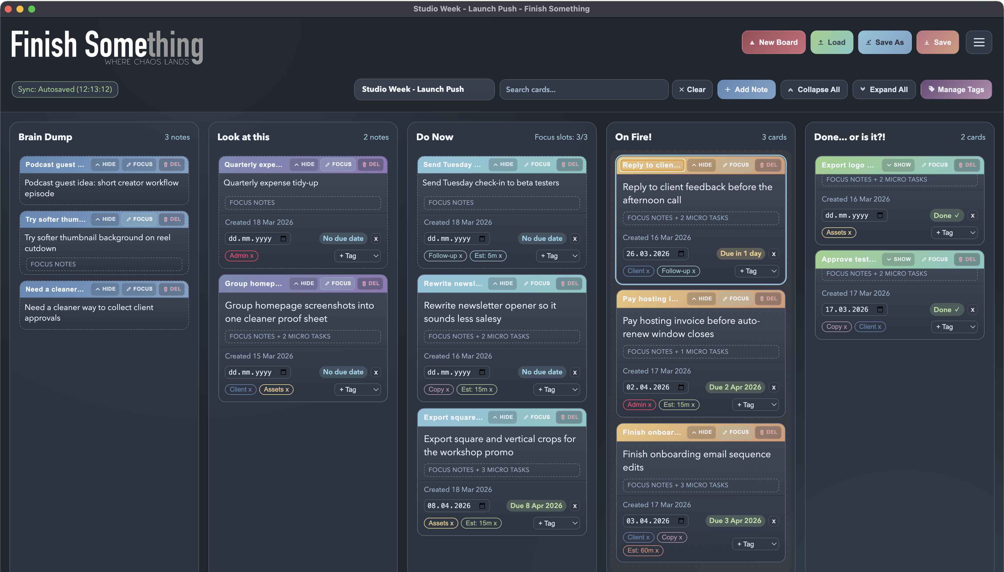 Finish Something board showing the five workflow lanes
